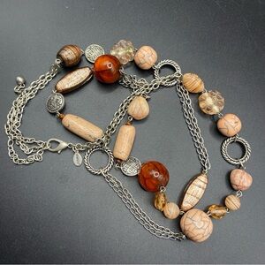 CHICO'S Long Silver Necklace Peach/Orange Marbled Amber Glass Beads